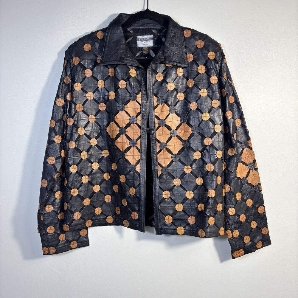 Stillman Studio Size L Womens Cut Out Black Tan Leather Jacket - EUC